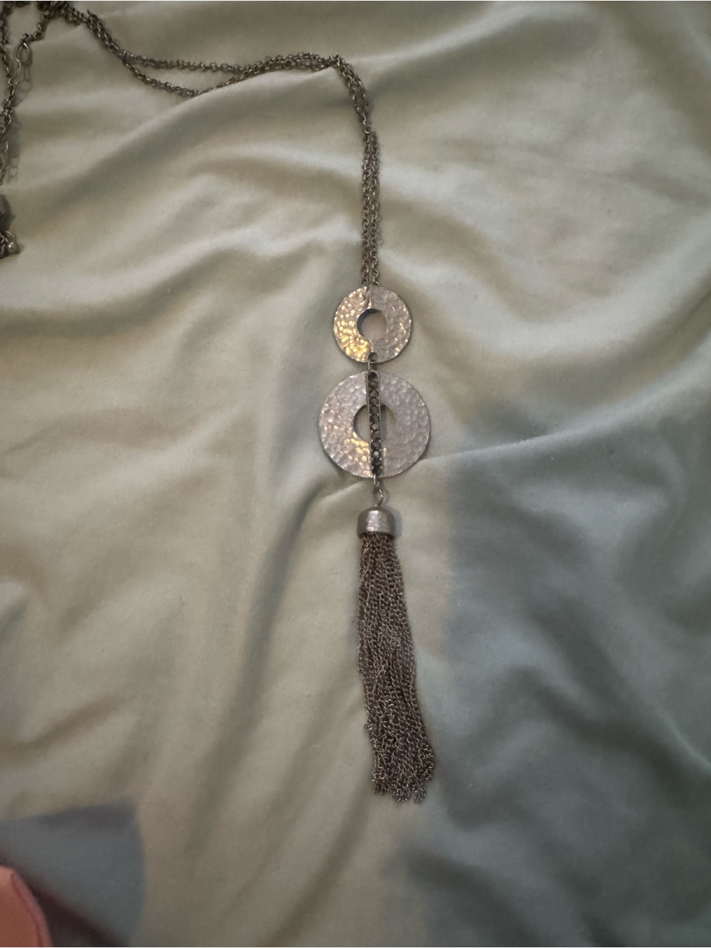 Hammered Silver Double-Disc Tassel Pendant Necklace - Elegant Women's Jewelry